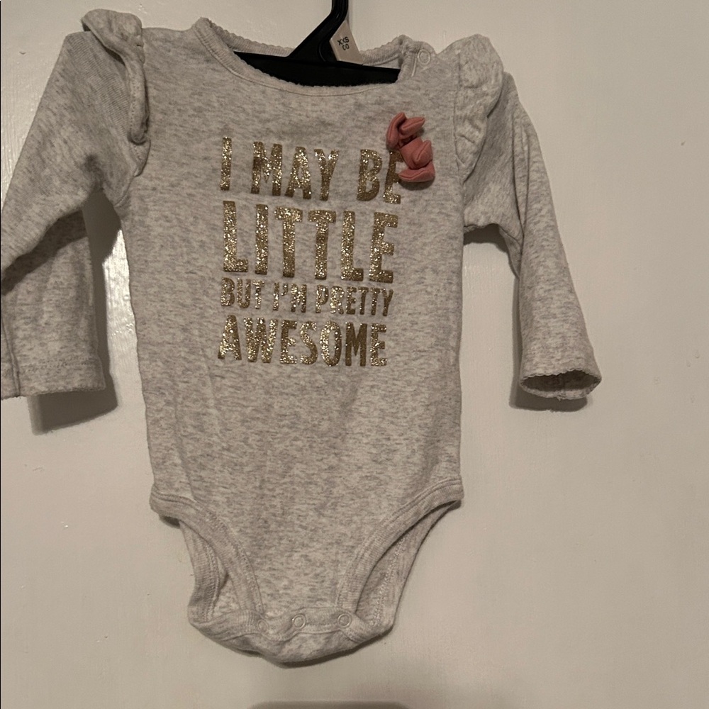 H&M Gray Bodysuit with Gold Text and Pink Bow